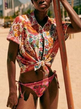 Sezane X Farm Rio Livia Button Up Top Tropical Fruit Floral Vacation Cotton 10